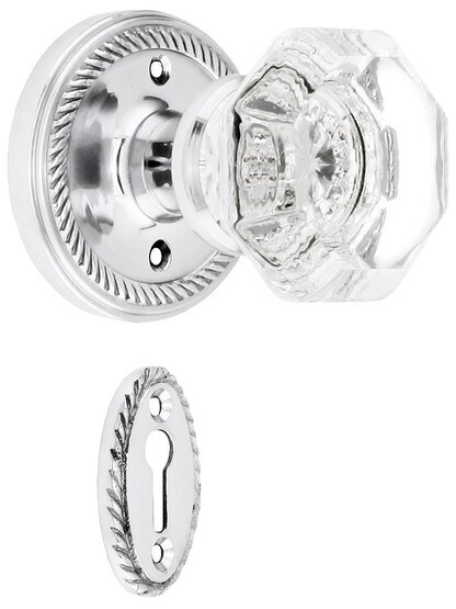 Rope Rosette Mortise Lock Set With Waldorf Crystal Knobs Polished Chrome.